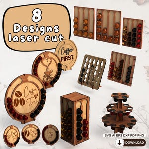 Coffee Pod Holder SVG Bundle – 8 Laser Cut Coffee Organizer Files – Capsule Display Stand – Coffee Bar Station Decor – Digital Download