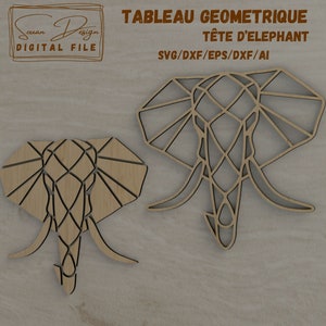 Décor mural tête éléphant géométrique, fichier numérique SVG, DXF, SVG pour découpe laser, cricut, impression.