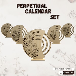 Lot de Calendriers Perpétuels à Découper au Laser – Fichiers SVG Design Floral – Calendrier Rotatif en Bois – Déco Maison Élégante