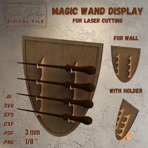 Support à baguettes magiques pour découpe laser - Fichier numérique (SVG, DXF, AI) - Design bouclier arrondi - Présentoir pour baguette
