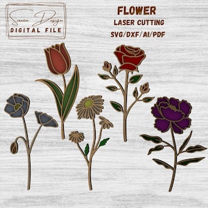 5 Fleurs SVG - Fichier pour Découpe Laser, Fleurs en bois, plante SVG Dessin Vectoriel, Silhouette, Glowforge, Fichiers DXF