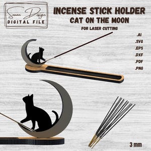 SVG Porte-Encens Lune et Chat - Fichier de Découpe Laser Facile - Support d Encens avec Lune et Chat Mystique - DXF, AI