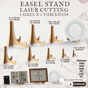 以下が含まれることがあります： さまざまなサイズのレーザーカット木製イーゼルスタンドのコレクション。サイズは77 x 80 mmから241 x 250 mmまで。画像には、厚さのオプションも表示されています：3mm、4mm、6mm、1/8インチ、3/16インチ、1/4インチ。スタンドはアイテムを保持するように設計されています。