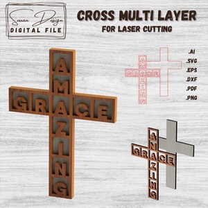 Croix "Amazing Grace" SVG - Fichiers Découpe Laser Facile - Croix Chrétienne Inspirante pour Décoration Religieuse et Prières, DXF, AI