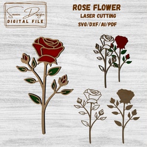 Rose en bois SVG - Fichier pour Découpe Laser, Fleurs en bois, plante SVG Dessin Vectoriel, Silhouette, Glowforge, Fichiers DXF