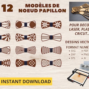 Noeud papillon SVG pour decoupe laser, set de 12 modèles de dessin numérique - fichiers Laser, silhouette glowforge - SVG, DXF