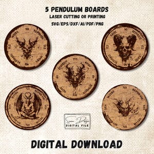 May include: Five circular pendulum boards with dark brown wood grain textures and intricate black illustrations of horned figures and skulls. Each board features the text Yes, No, Maybe, and Rephrase. Includes digital file format labels.