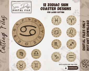 12 Zodiac Symbols on Coasters for Laser Cutting and Engraving, Astrology Coasters in SVG and DXF Vector Drawing Format