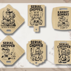 Vue alternative du bundle humoristique “Serial Chopper” avec des dessins originaux de légumes et chefs caricaturaux armés de couteaux. Mêmes motifs sur différents formats de planches à découper en bois, destinés à la gravure laser.