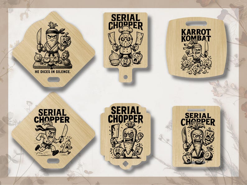 Vue alternative du bundle humoristique “Serial Chopper” avec des dessins originaux de légumes et chefs caricaturaux armés de couteaux. Mêmes motifs sur différents formats de planches à découper en bois, destinés à la gravure laser.