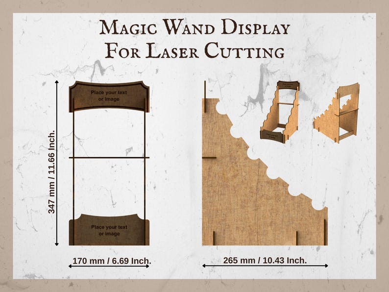 Plan technique et rendu 3D du présentoir à baguettes magiques étagé. Dimensions : 347 x 170 mm, profondeur 265 mm. Inclut un panneau supérieur personnalisable. Assemblage simple, conçu pour découpe laser