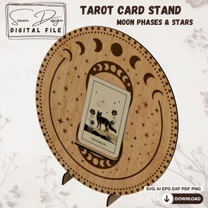 Présentoir Carte de Tarot SVG - Plateau d'Autel pour Tirage du Jour - Phases Lune & Étoiles - Décoration Spirituelle - Fichier Découpe Laser
