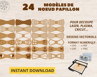May include: A set of 24 digital cut files for bow ties, featuring various designs, including geometric patterns, hearts, anchors, and spiders. The files are available in SVG, PDF, DXF, and PNG formats. The text "MODÈLES DE NOEUD PAPILLON" is displayed in French, indicating the files are for bow tie designs. The text "INSTANT DOWNLOAD" is also displayed.