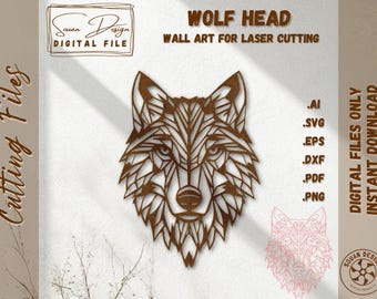 Geometrische Wolfskopf SVG-Dateien - Geometrische Kunst zum Laserschneiden - Wandkunst aus Holz oder Metall - Moderne Wolfsdekoration - DXF