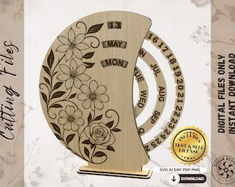 May include: Wooden perpetual calendar with floral engraving. The calendar displays the date, month, and day, with a rotating wheel for the days of the month. The design includes the text "Cutting Files" and "Digital Files Only Instant Download".