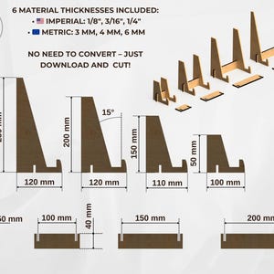 Schéma technique des supports de présentation en bois avec mesures précises. Les hauteurs vont de 50 mm à 250 mm, avec différentes largeurs de base. Six épaisseurs de matériaux incluses pour laser cutting.