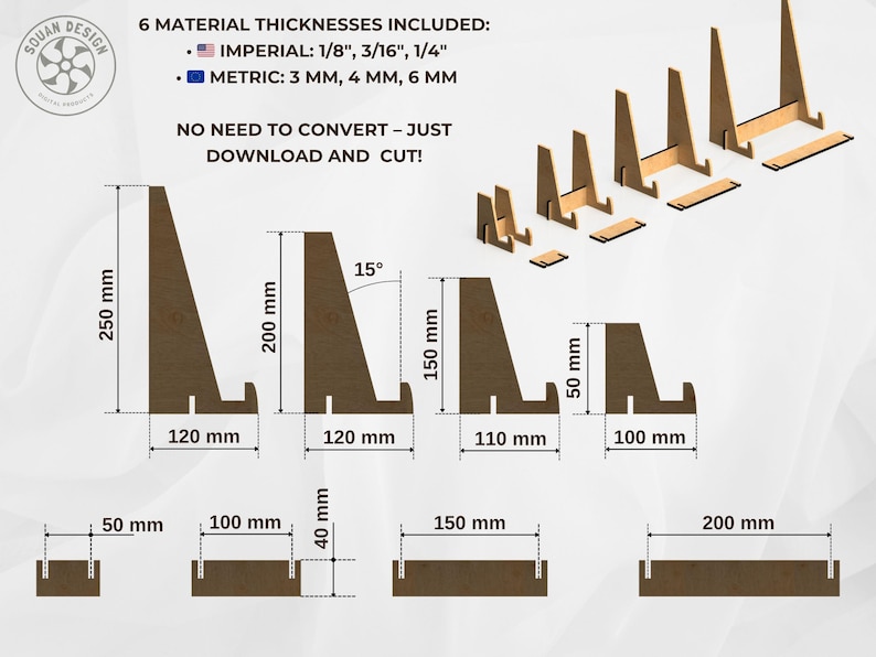 Schéma technique des supports de présentation en bois avec mesures précises. Les hauteurs vont de 50 mm à 250 mm, avec différentes largeurs de base. Six épaisseurs de matériaux incluses pour laser cutting.