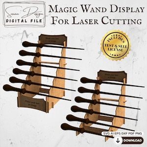 Mockup du présentoir à baguettes magiques en bois, design étagé avec plusieurs niveaux. Panneaux personnalisables avec texte ou image. Fichiers numériques instantanés pour découpe laser (SVG, DXF, AI, PDF, PNG) inclus avec licence test & sell.