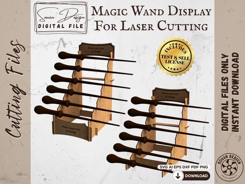 Mockup du présentoir à baguettes magiques en bois, design étagé avec plusieurs niveaux. Panneaux personnalisables avec texte ou image. Fichiers numériques instantanés pour découpe laser (SVG, DXF, AI, PDF, PNG) inclus avec licence test & sell.