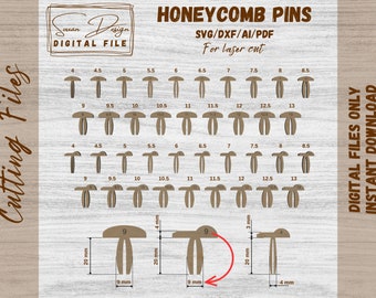 May include: A digital file for laser cutting, featuring honeycomb pins in various sizes. The image displays multiple pin designs with measurements ranging from 4 to 13. The pins are shown in a grid layout, with detailed dimensions in inches and millimeters.