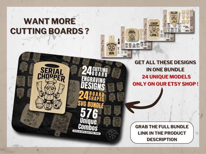 May include: An advertisement for a cutting board bundle. The image features various cutting board designs with engraved illustrations. Text includes "Serial Chopper" and "Chop Happens" designs. The bundle includes 24 engraving designs and 24 board shapes.