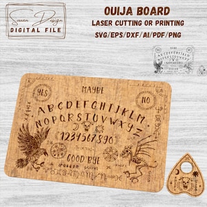 planche ouija svg et sa planchette ornament - Corbeau - Fichier pour Découpe Laser ou à imprimer - planche de Divination - AI, DXF