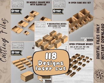 118 Laser Cut Box SVG Bundle – Storage Box Files with Lid, Wood Box Designs for Glowforge xTool CNC - Dxf AI Png