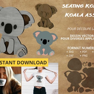 Koala assis en dessin vectoriel - Modèle de fichier numérique pour decoupe laser, SVG, DXF, AI