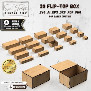 20 cajas con tapa abatible SVG – Caja de madera cortada con láser, caja de almacenamiento de regalos DIY - DXF AI PNG
