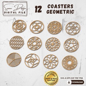 May include: Twelve geometric coasters in a light brown color, each with a unique openwork design. The image includes text that says "12 COASTERS GEOMETRIC" and "DIGITAL FILE". The coasters are arranged on a light background.