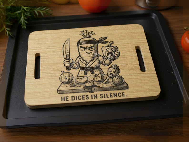 May include: A light-colored wooden cutting board with a humorous illustration of a carrot ninja holding a knife and a pepper. The text "HE DICES IN SILENCE" is below the illustration. Two handle cutouts are on the sides.
