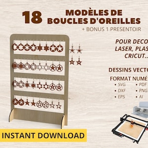 18 modèles de boucles d'oreilles étoiles pour découpe laser ou autres. Dessins vectoriels - fichiers numériques