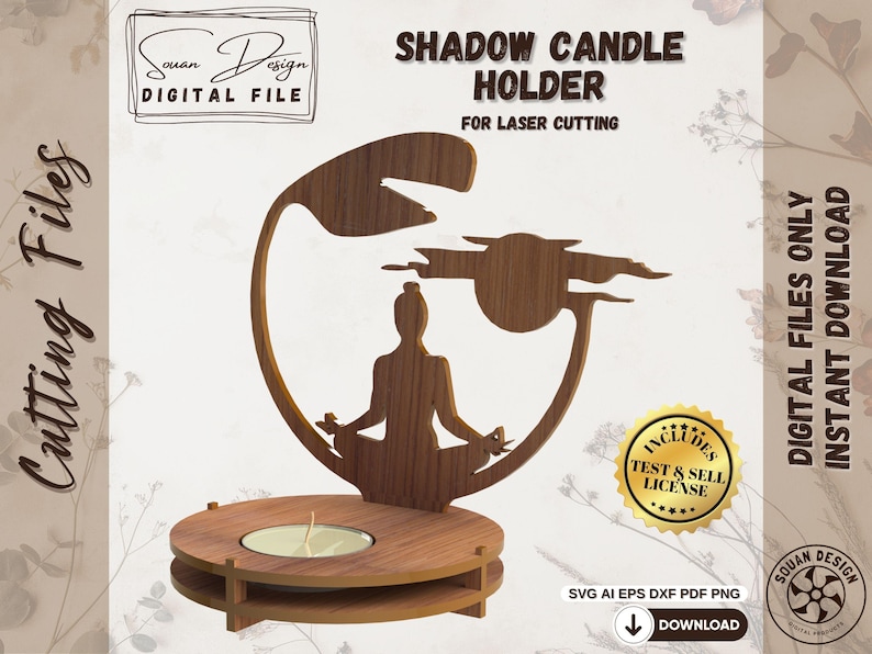 Modèle Shadow Candle Holder en bois avec silhouette de méditation. Support pour bougie chauffe-plat, design zen à découper au laser. Fichier numérique instant download avec licence Test & Sell.