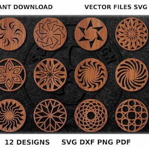 May include: Twelve different geometric designs in a circle shape. The designs are cut out of wood and have a brown color. The designs are for use with a cutting machine and are available in SVG, DXF, PNG, and PDF formats.