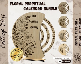 May include: Floral perpetual calendar bundle with laser-cut floral designs. The main calendar features a large wooden panel with engraved flowers, the date, and the day of the week. Includes test and sell license.