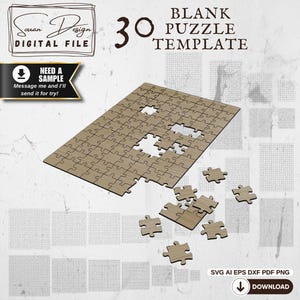 Op de afbeelding: Een houten 30-delige blanco puzzel sjabloon met ontbrekende stukken. De afbeelding bevat de tekst "BLANK PUZZLE TEMPLATE" en "DIGITAL FILE". Het ontwerp bevat ook de tekst "NEED A SAMPLE" en "DIGITAL FILES ONLY INSTANT DOWNLOAD".