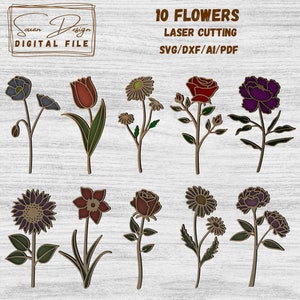 10 Fleurs multicouches SVG - Fichier pour Découpe Laser, Fleurs en bois, plante SVG Dessin Vectoriel, Silhouette, Glowforge, Fichiers DXF
