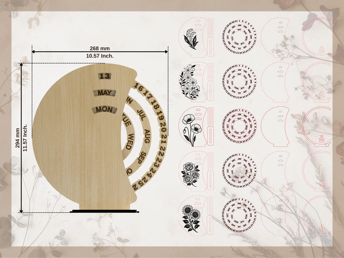 Perpetual Calendar Laser Cut Set – Floral Rotating Calendar SVG Bundle ...
