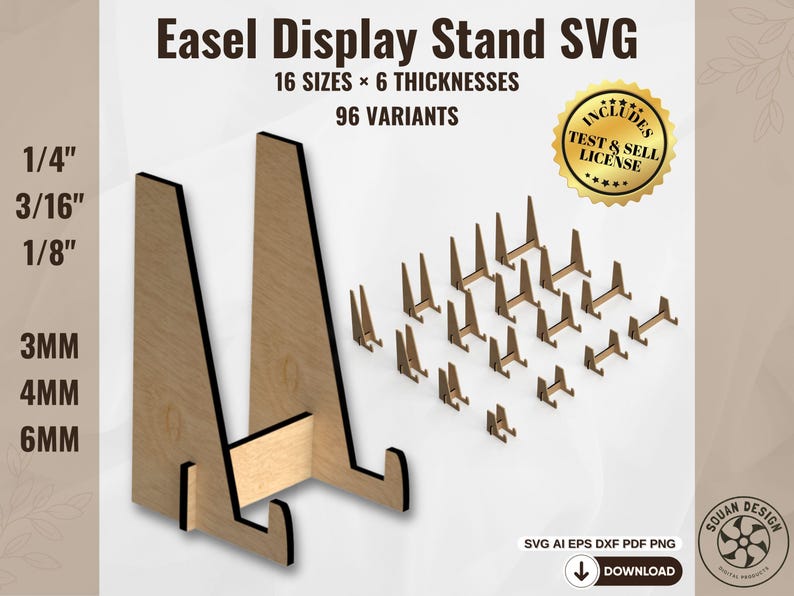 Visuel produit du lot de fichiers SVG de présentoirs en bois. Comprend 16 tailles et 6 épaisseurs de matériaux, soit 96 variantes. Texte “Test & Sell License included” affiché.