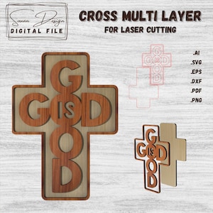 Mehrschichtiges Kreuz „Gott ist gut“ SVG – einfache Laser-Cut-Dateien – spirituelles und inspirierendes Holzdesign – religiöse Dekoration.