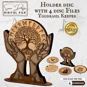 May include: Wooden holder disc with 4 disc files, featuring a tree of life design and runic symbols. The holder is in the shape of hands. The image includes the text "Holder Disc with 4 Disc Files Yggdrasil Keeper".