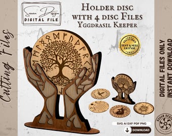 Yggdrasil Disc Holder SVG – 3D Hand Wood Pendulum Board Stand Laser Cut, Nordic Runes Esoteric Gift - Dxf AI Png