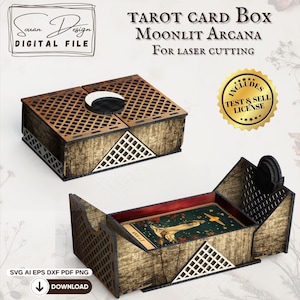 Caja de Tarot con Cerradura SVG - Archivos de Corte Láser de 3 mm - Caja Mística con Patrón Lunar para Cartas de Tarot y Almacenamiento - DXF, AI