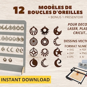Pacote de 12 brincos SVG + display – arquivo de corte a laser – padrões de lua e sol – joias de madeira ou acrílico faça você mesmo
