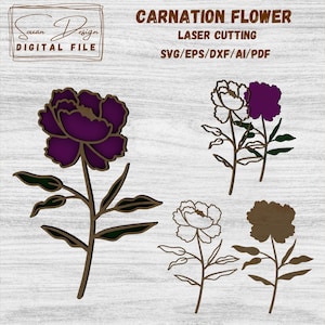 Œillet commun en bois SVG - Fichier pour Découpe Laser, Fleurs en bois, plante SVG Dessin Vectoriel, Silhouette, Glowforge, Fichiers DXF