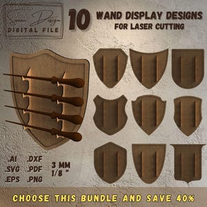 Ensemble de Présentoirs à Baguettes Magiques - 10 Designs Supports en Forme de Bouclier - Fichiers de Découpe Laser - Décoration de Sorcier