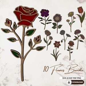 Lot 10 Fleurs SVG pour découpe laser – Fichiers vectoriels fleurs bois – Silhouettes florales décoratives – - décoration maison