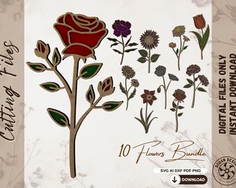 10 Flower SVG Bundle for Laser Cut – Floral Wood Vector Files – Botanical Silhouette Pack - Home decor - flowers for mom svg