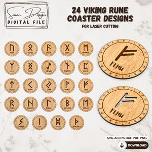 24 diseños de posavasos con runas vikingas para corte/grabado láser. Dibujo vectorial en formato SVG y DXF.