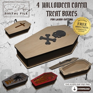 4 Halloween Coffin Models for Treats - Laser Cut SVG, DXF | Vector File